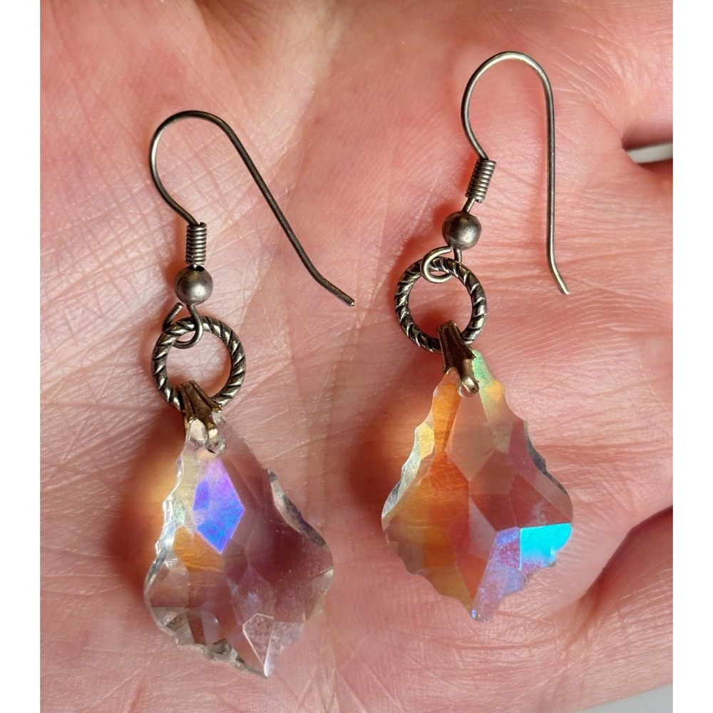 Vintage AB Crystal Baroque Dangle Earrings Silver Tone Pierced Prismatic